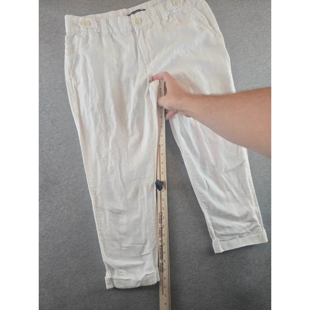 Banana Republic Linen Crop Pants Women 4P White Cuffed Button‎ Tab Trousers